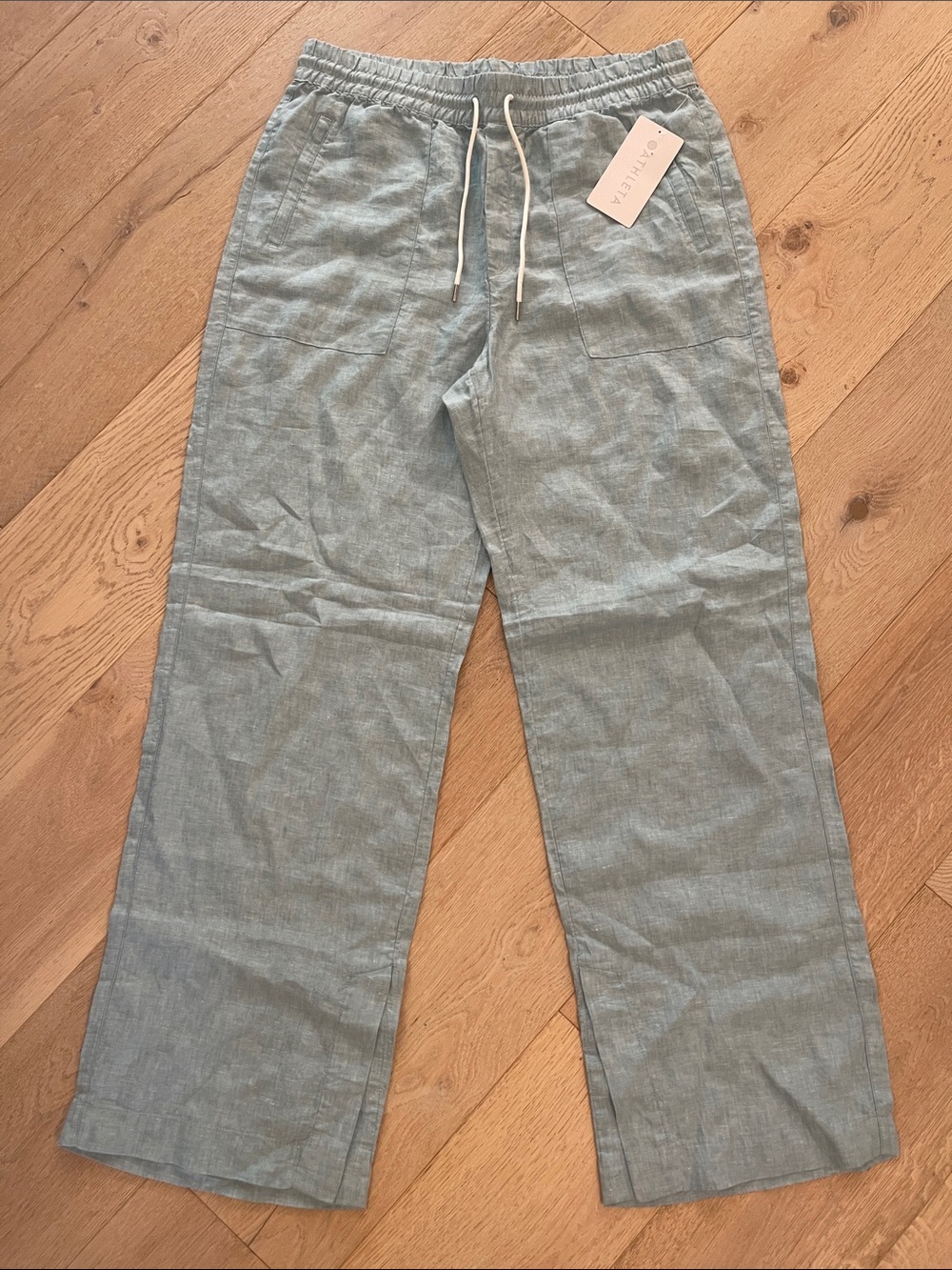 Athleta Light Blue Retreat 100% Linen Drawstring Wide Leg Pants Womens Large NWT